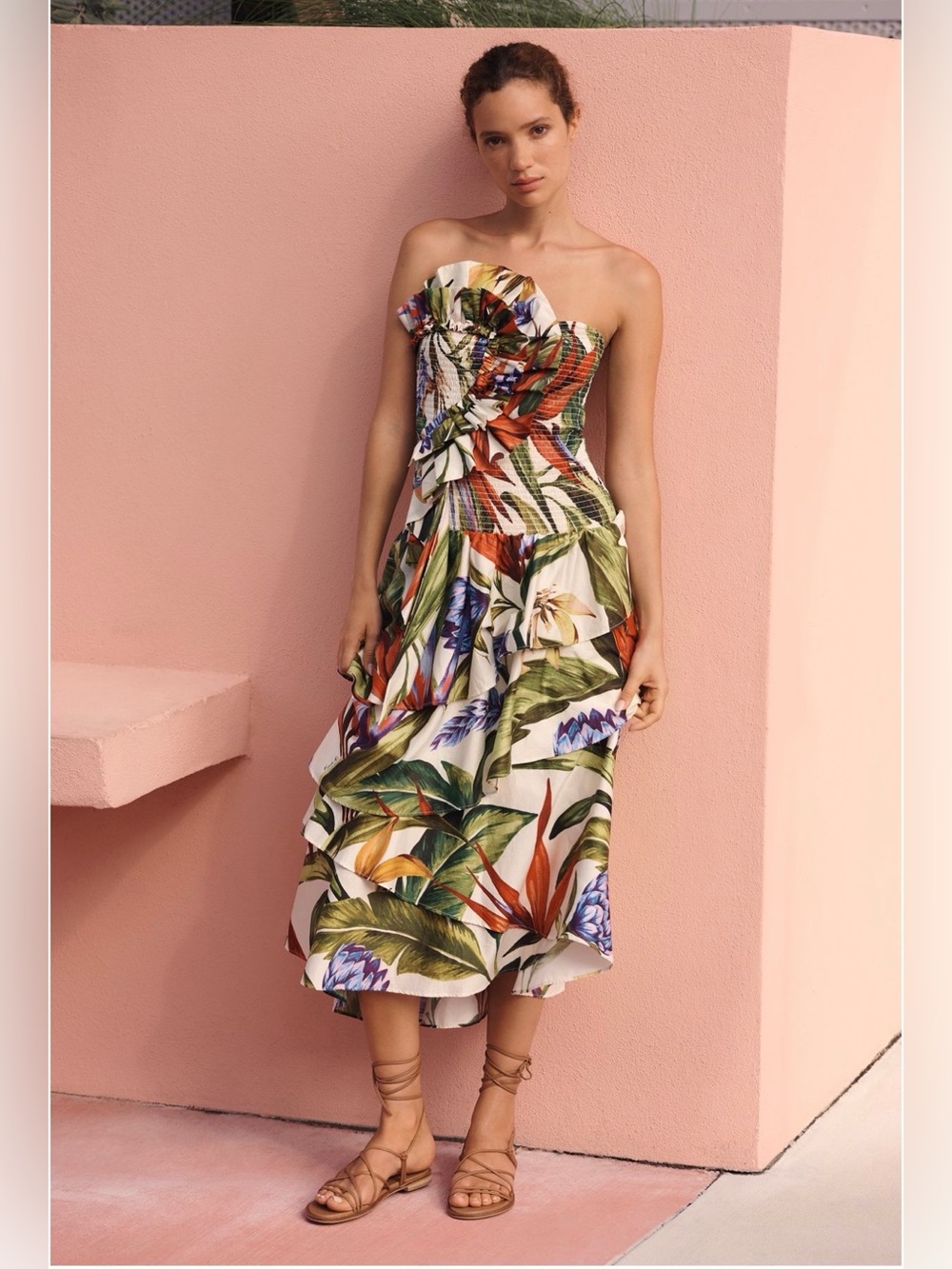 Sand Florart Strapless Maxi Dress